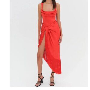 NEW FOR LOVE AND LEMONS ANISA RED FRINGE ASYMMETRICAL SILK BLEND DRESS SIZE L